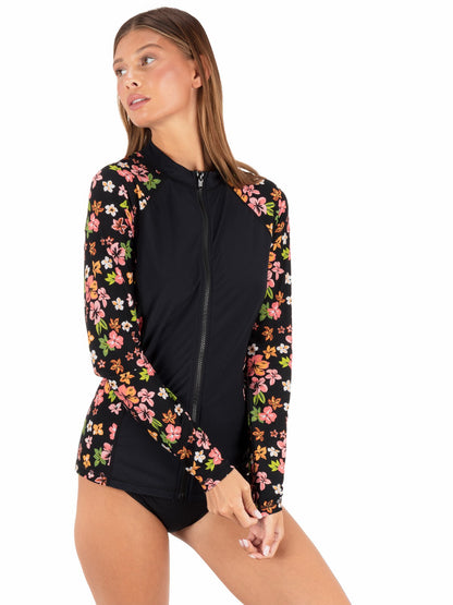 Hibiscus Dream Long Sleeve Front Zip Rashguard | Hurley - Black Floral