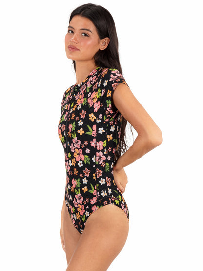 Max Hibiscus Dream Cheeky Short Sleeve Surfsuit | Hurley - Black Floral