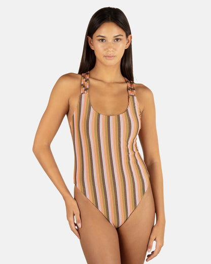 Sunset Shine Stripe Moderate Crossback One Piece | Hurley - Sunrise Pink