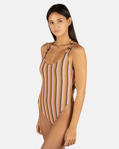 Sunset Shine Stripe Moderate Crossback One Piece | Hurley - Sunrise Pink