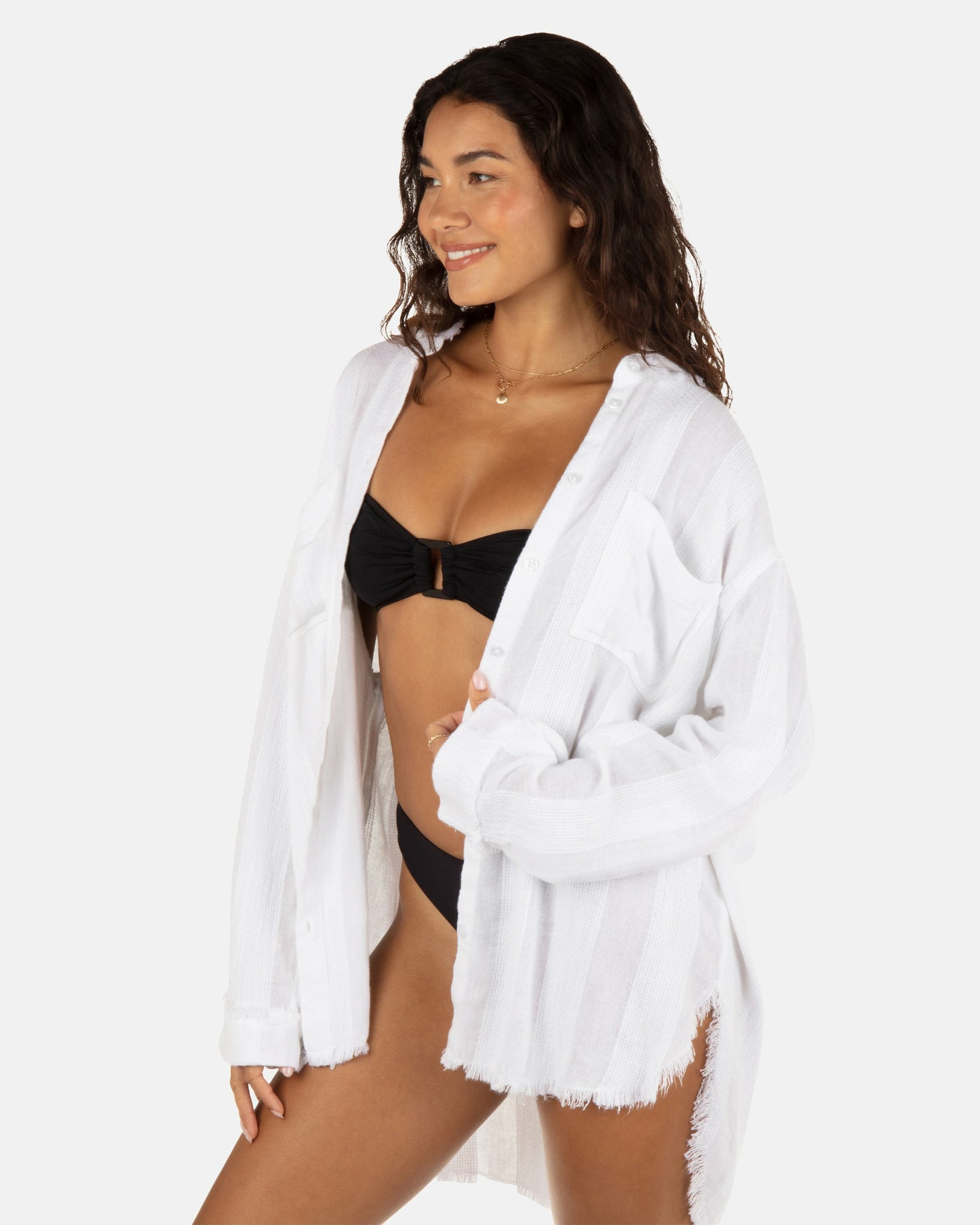 Solid Stripe Gauze Long Sleeve Button Front Shirt | Hurley - White