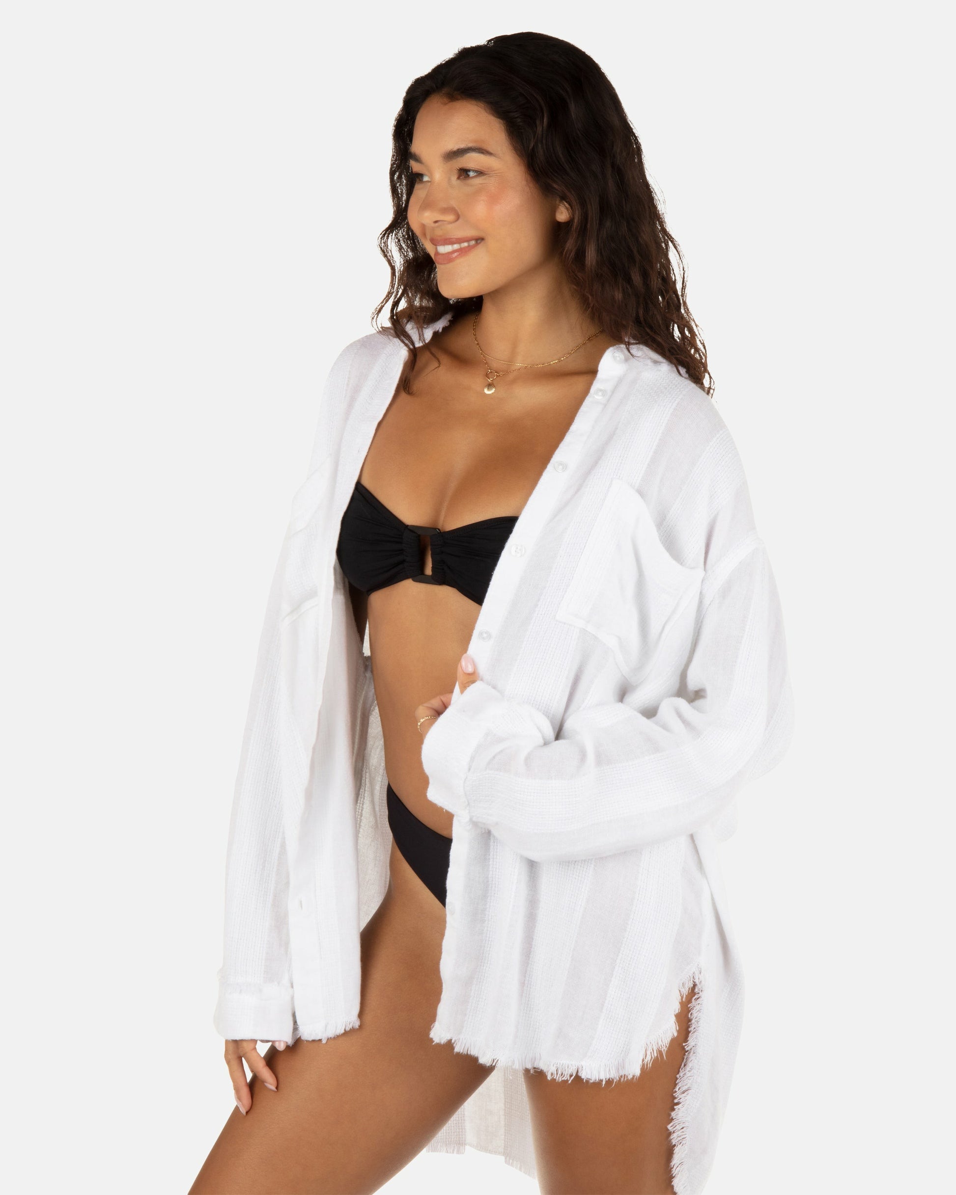 Solid Stripe Gauze Long Sleeve Button Front Shirt | Hurley - White