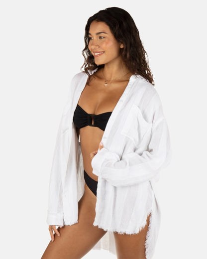 Solid Stripe Gauze Long Sleeve Button Front Shirt | Hurley - White