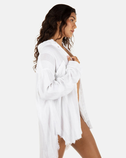 Solid Stripe Gauze Long Sleeve Button Front Shirt | Hurley - White