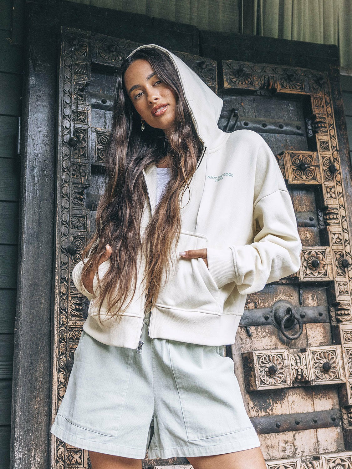 Enjoy The Good Crop Zip Hoodie | Hurley - Off White