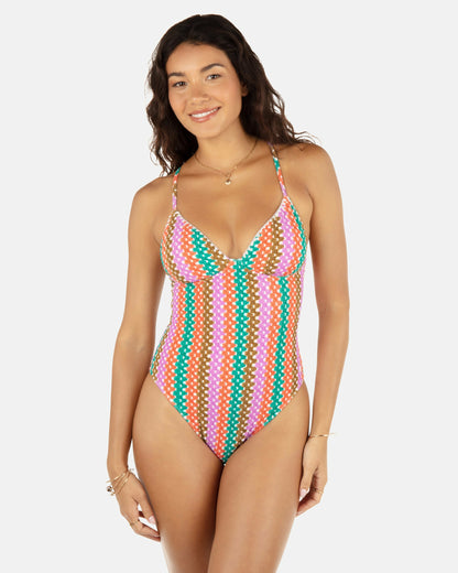 Printed Stripe Crochet Scrunch Soft Cup Moderate One Piece | Hurley - Orchid