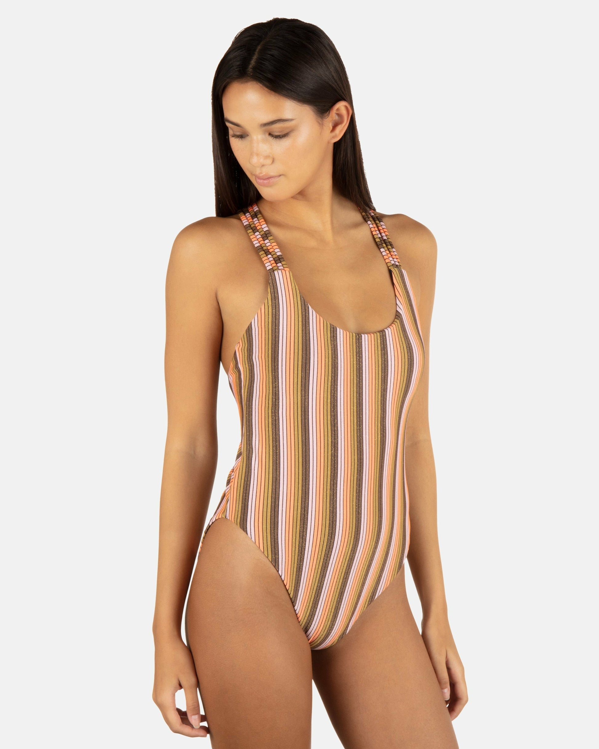 Sunset Shine Stripe Moderate Crossback One Piece | Hurley - Sunrise Pink
